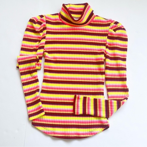2/25 Maeve Anthropologie Retro Too Shirt Puff Sleeve Ribbed Stripe Neon - Picture 2 of 5